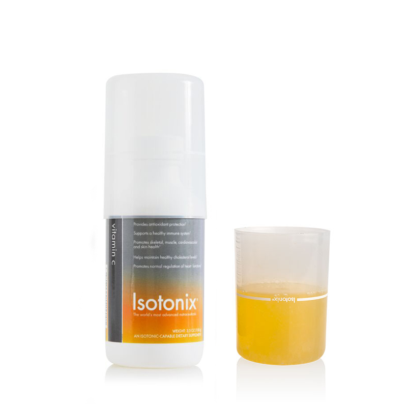 Isotonix Vitamin C bottle, with liquid serving cup partially filled