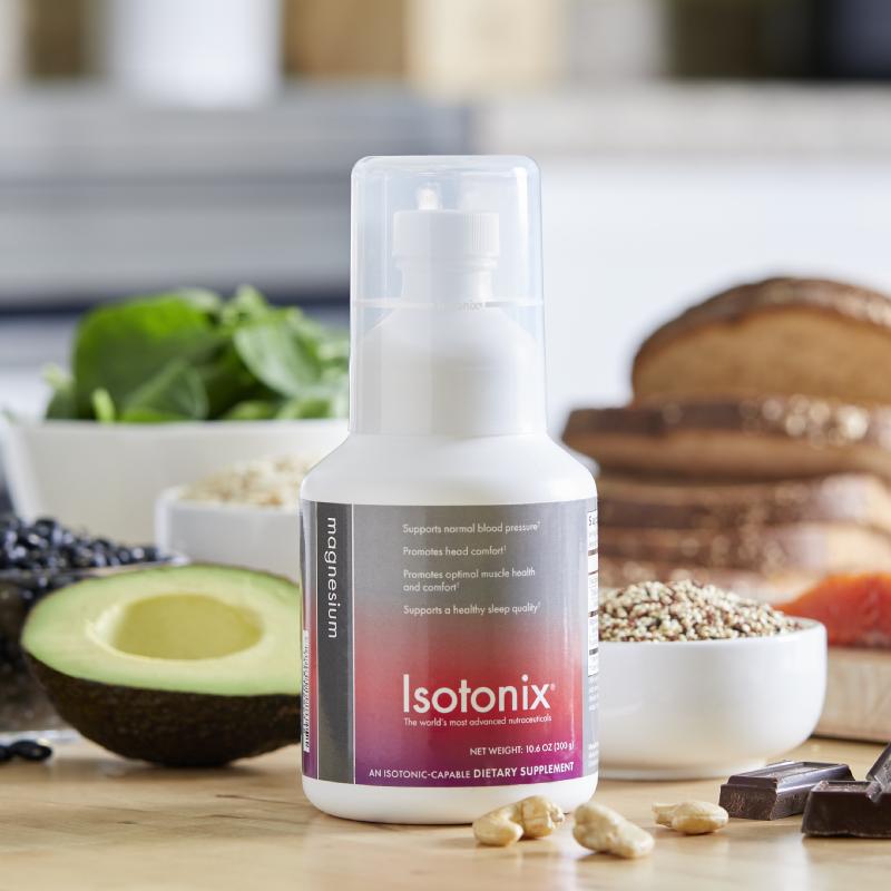 Isotonix Magnesium. Lady relaxing (Head Comfort), doing squats (Bone Health), doing push-ups (Muscle Health), and fruits & vegetables (Cardiovascular Health) 