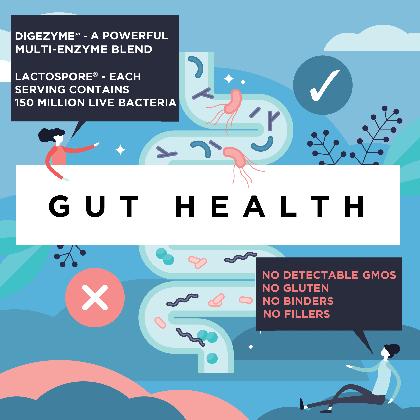 Isotonix Digestive Enzymes for Gut Health. Digezyme, a powerful multi-enzyme blend. Lactospore, 150 million live bacteria per serving. No detectable GMOs. No gluten, binders, or fillers.
