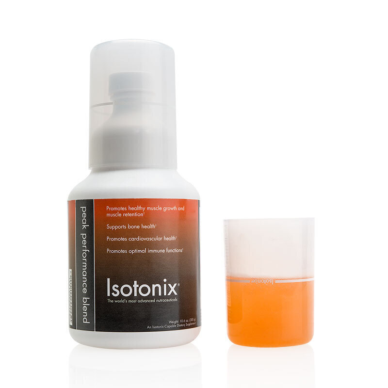 Isotonix Peak Performance Blend, with liquid serving cup partially filled