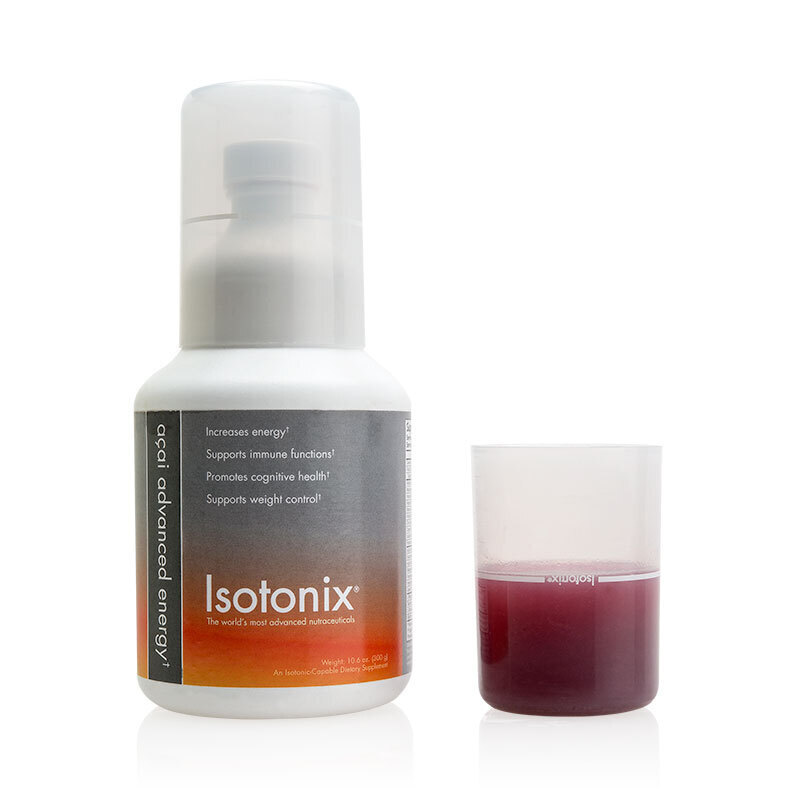 Isotonix Açai Advanced Energy and Antioxidant Formula bottle, with liquid serving cup partially filled