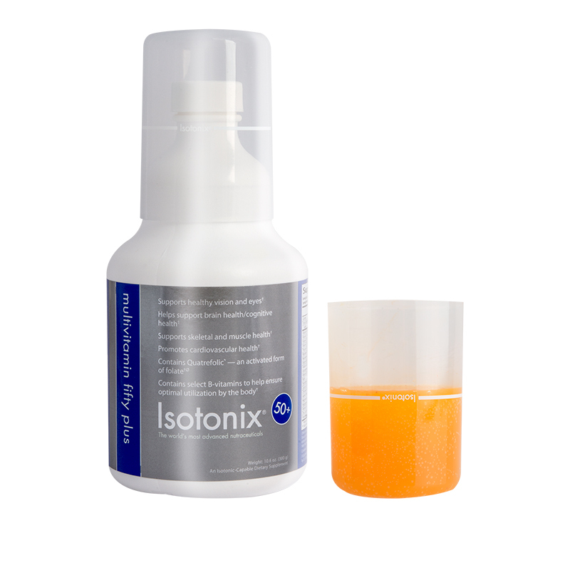 Isotonix Multivitamin Fifty Plus, with liquid serving cup partially filled