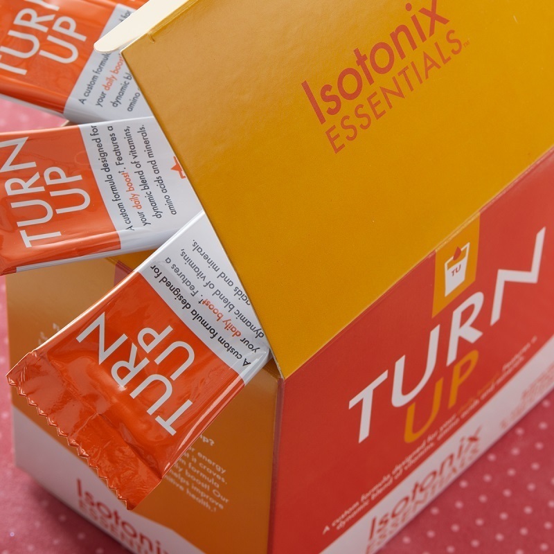 Isotonix Essentials Turn Up with unopened packets of product displayed sticking out of box