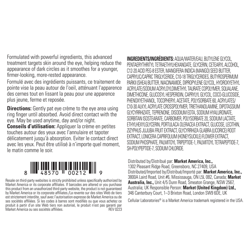 Cellular Laboratories De-Aging Eye Creme Product Label. See Product Label Details section further below.
