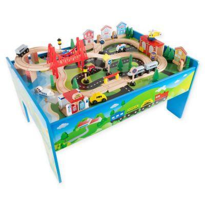wooden train set and table
