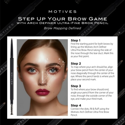 Brow mapping: 1) Start at line straight up from side nose. 2) Arch peak is center nose through pupil. 3) Brow ends from corner of nose beyond eye corner. 4) Fill & fluff