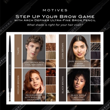 Suggestions for brow to hair colors: Taupe - cool light brown, Medium Brown - warm medium brown, Dark Brown - warm dark brown, Black Brown - neutral Black