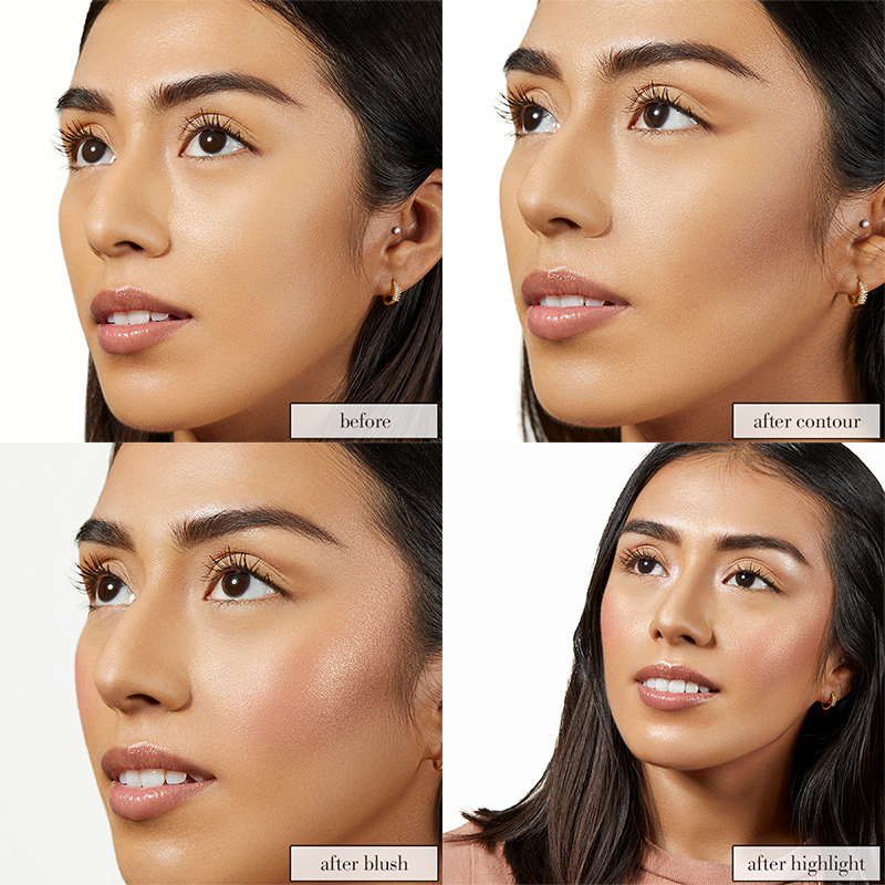 Model of medium skin tone in 4 photos, before, and after Contour, after blush and after highlight
