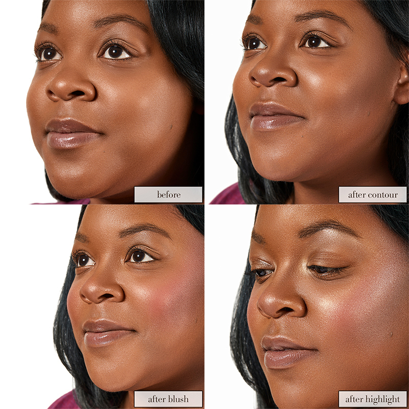 Model of dark skin tone in 4 photos, before, and after Contour, after blush and after highlight