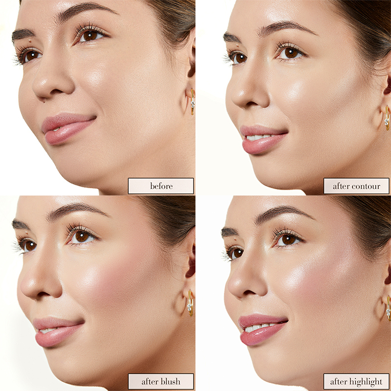 Model of light skin tone in 4 photos, before, and after Contour, after blush and after highlight