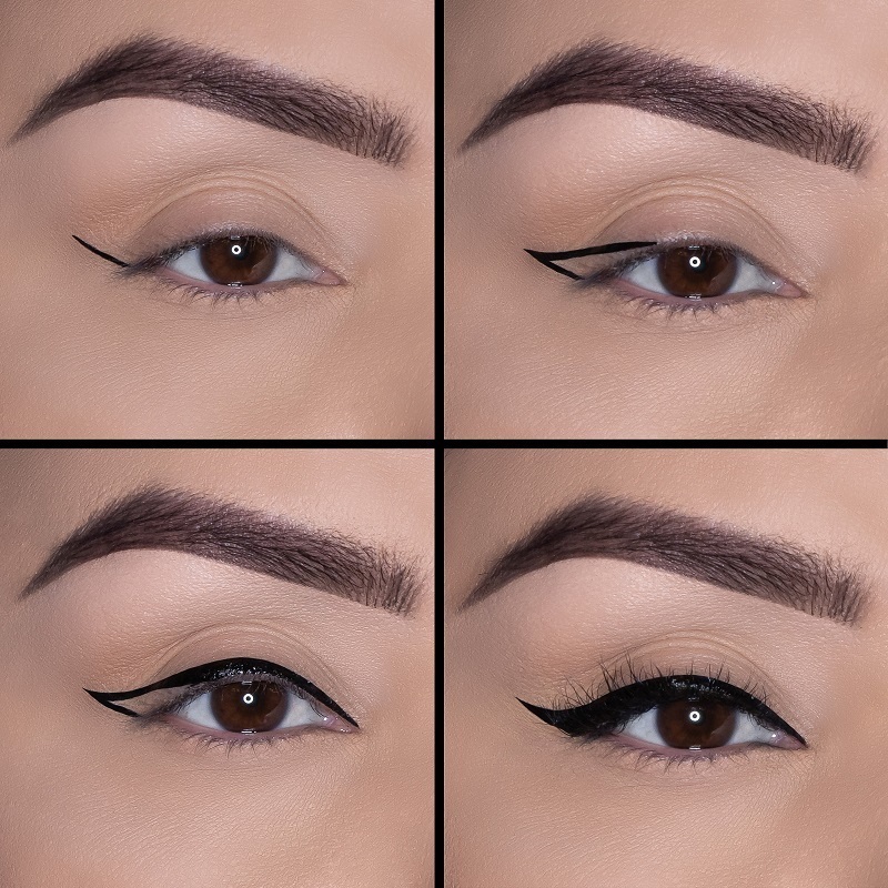 Model in 4 different stages of Motives Precisely The Point Eye Line application