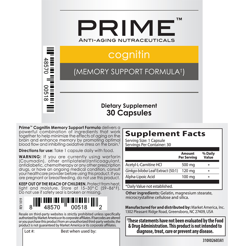 Prime Cognitin Memory Support Formula Product Label. See Product Label Details section further below.