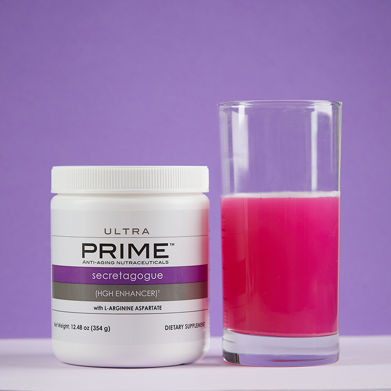 Prime Ultra Secretagogue - HGH Enhancer, with serving scoop filled with powder product