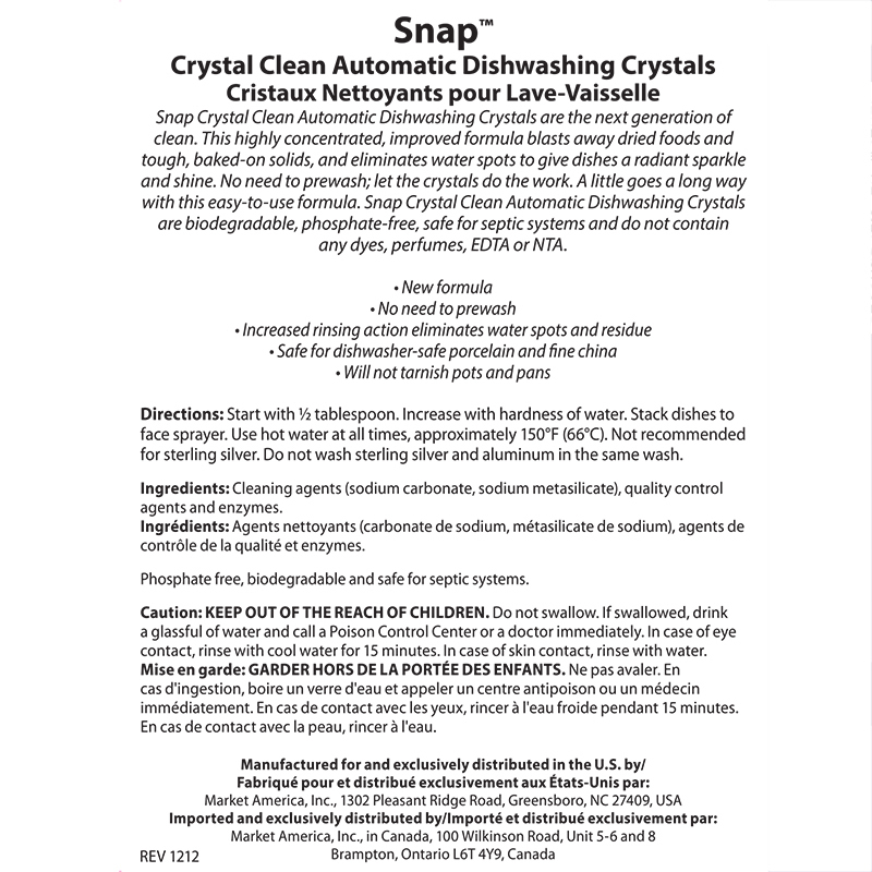 Snap Crystal Clean Automatic Dishwashing Crystals Product Label. See Product Label Details section further below. 