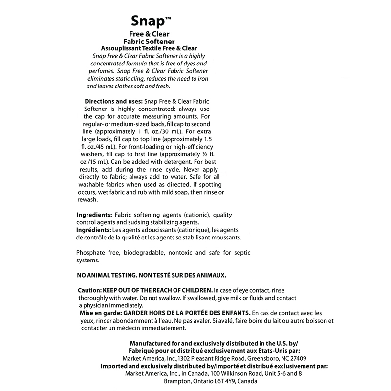 Snap Free and Clear Fabric Softener Product Label. See Product Label Details section further below.