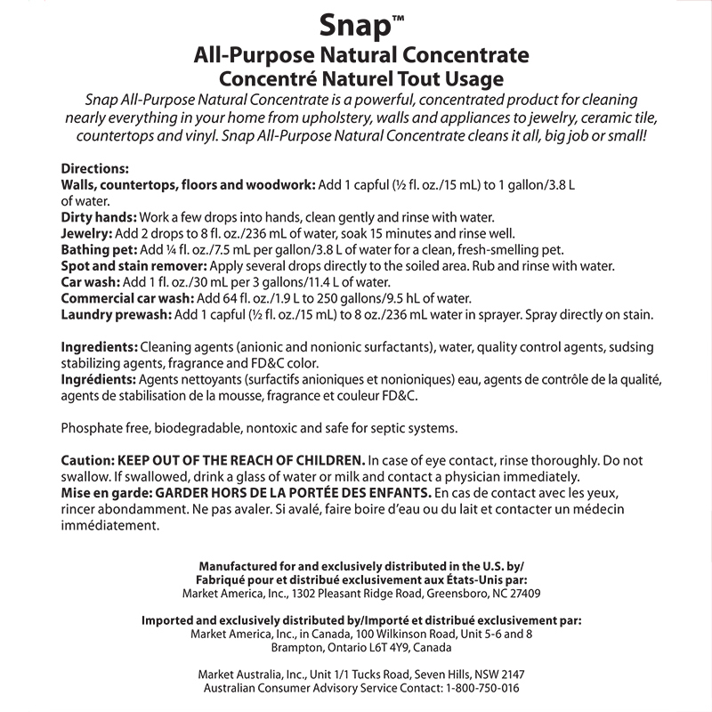 Snap All-Purpose Natural Concentrate Product Label. See Product Label Details section further below.