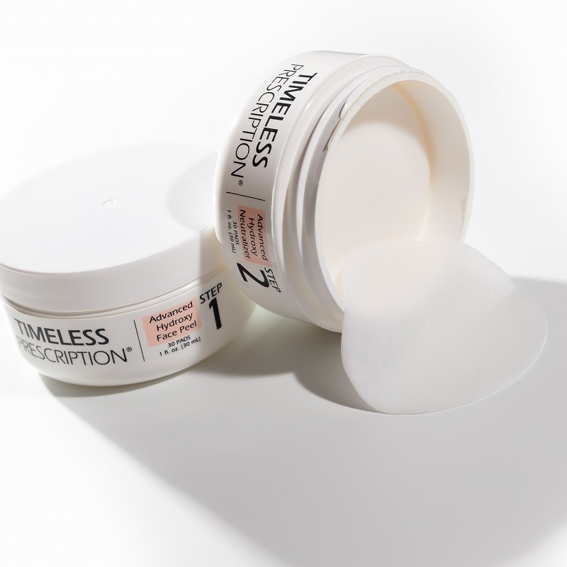 Timeless Prescription Advanced Hydroxy Face Peel and Neutralizer, open jars showing pads