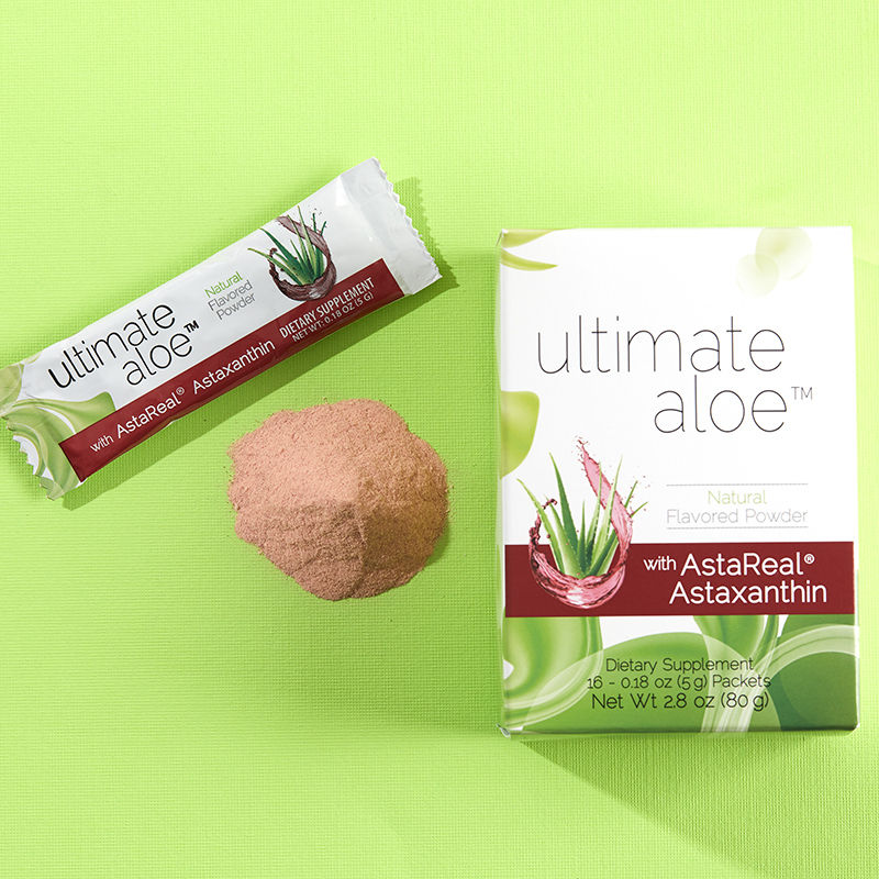 Ultimate Aloe with AstaReal Astaxanthin single powder shown, with packaging and content