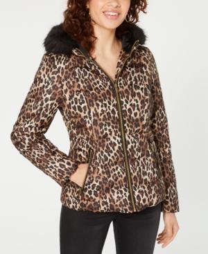 pink puffer jacket with faux fur trim