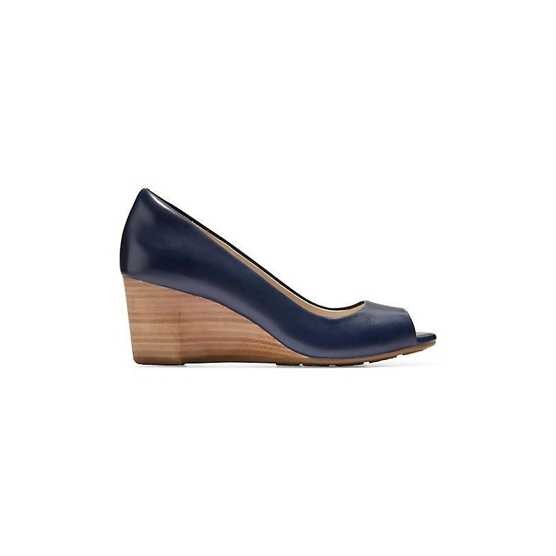 Open Toe Leather Wedge Pumps - Blue 