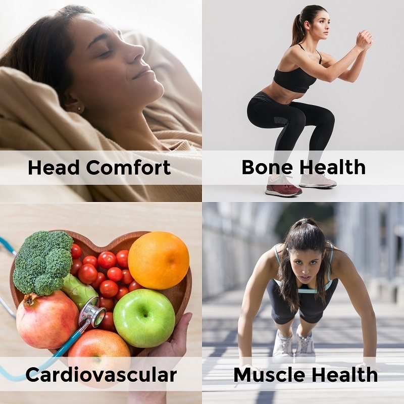 Isotonix Magnesium. Lady relaxing (Head Comfort), doing squats (Bone Health), doing push-ups (Muscle Health), and fruits & vegetables (Cardiovascular Health) 