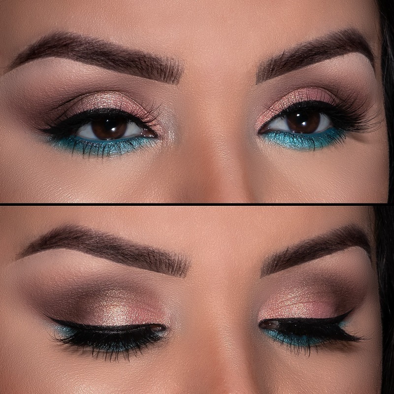 THALIA X Motives Viva Eye & Cheek Palette, completed eye makeup example of colors on upper and lower eye lids