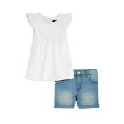 7 For All Mankind Girls' Eyelet Top & Denim Shorts Set - Little Kid 7 For All Mankind Girls' Eyelet Top & Denim Shorts Set - Little Kid