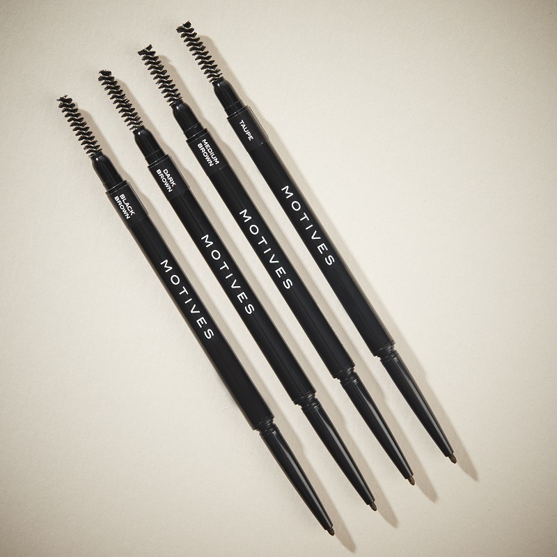 Four different shades of Motives Arch Definer Ultra-Fine Brow Pencil: Taupe, Medium Brown, Dark Brown, and Black Brown