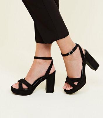 wide fit black suedette cross strap block heels