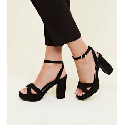 wide fit black suedette cross strap block heels