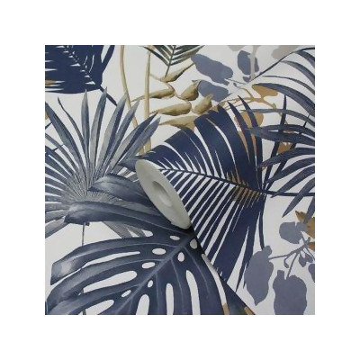 Goodhome Ferula Blue Tropical Leaves Textured Wallpaper From B Q Uk At Shop Com Uk