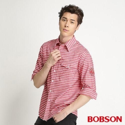 BOBSON 男款刷毛條紋長袖襯衫(紅34004-13) 