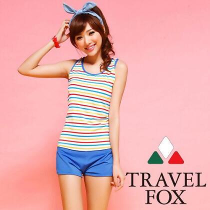 【TRAVELFOX 旅狐】多彩條紋長版三件式泳衣C14713 