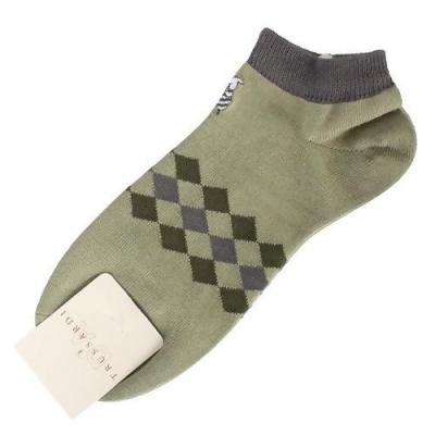 TRUSSARDI 休閒菱格紋棉質短襪-綠/灰 