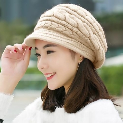 【幸福揚邑】麻花針織毛線帽防風保暖加絨貝蕾帽兔毛帽-米白 