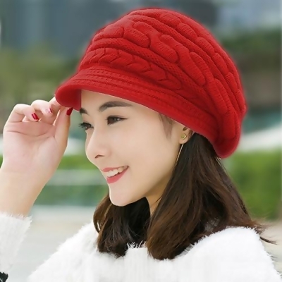 【幸福揚邑】麻花針織毛線帽防風保暖加絨貝蕾帽兔毛帽-紅 