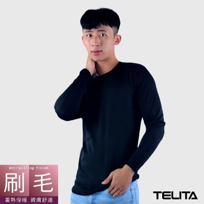 【TELITA】 型男刷毛蓄熱保暖長袖圓領休閒T-黑色 