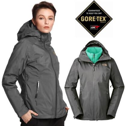 【美國 The North Face】女新款 GORE-TEX 防風防水透氣兩件式風帽外套.輕量機能運動夾克.風衣/內件600FPl羽絨外套/3KTP 瀝灰/薄荷藍 N 