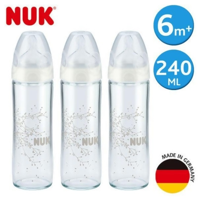 【送濕紙巾】德國NUK-輕寬口徑玻璃奶瓶240ml-3入超值組-附2號中圓洞矽膠奶嘴6m+ 
