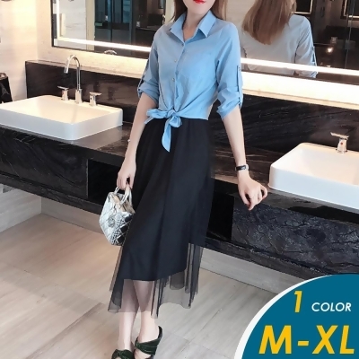 【俏可時尚】/預購/ 韓系藍色綁帶襯衫+黑色吊帶網紗連身裙套裝組#1600 