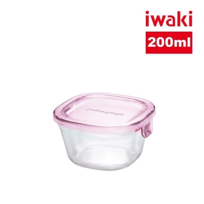 【iwaki】日本耐熱玻璃方形微波保鮮盒200ml-粉 