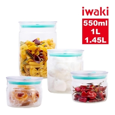 【iwaki】日本品牌耐熱玻璃密封保鮮罐4入組(550mlx2+1L+1.45L) 
