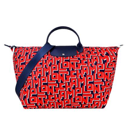 LONGCHAMP LE PLIAGE LGP系列滿版字母尼龍短把兩用水餃旅行袋(大/紅X海軍藍)