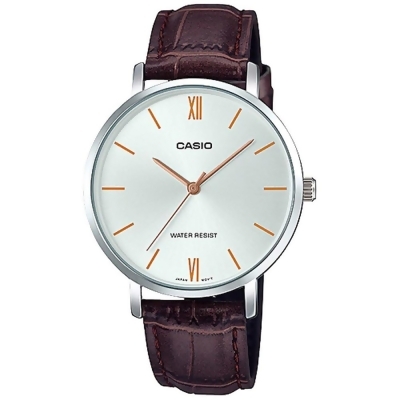 CASIO 卡西歐 簡約指針女錶 皮革錶帶 銀白色錶面 棕色錶帶 日常生活防水(LTP-VT01L-7B2) 