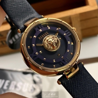 VERSUS VERSACE38mm玫瑰金精鋼錶殼深紫藍錶盤真皮皮革深紫藍錶帶款VV00064 