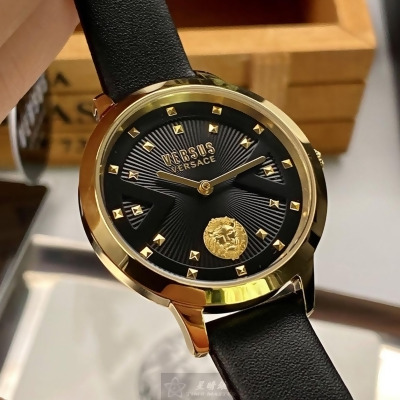 VERSUS VERSACE34mm圓形金色精鋼錶殼黑色錶盤真皮皮革深黑色錶帶款VV00062 