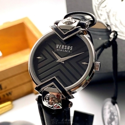 VERSUS VERSACE34mm圓形銀精鋼錶殼黑色錶盤真皮皮革深黑色錶帶款VV00073 