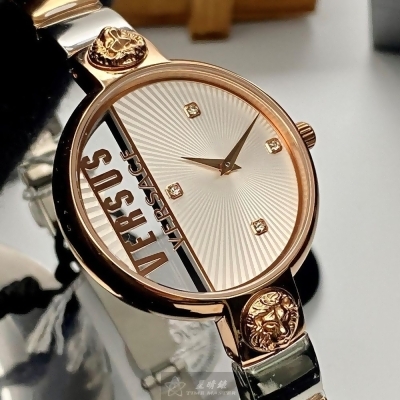 VERSUS VERSACE34mm圓形玫瑰金精鋼錶殼白色透視錶盤精鋼銀玫瑰金色錶帶款VV00068 