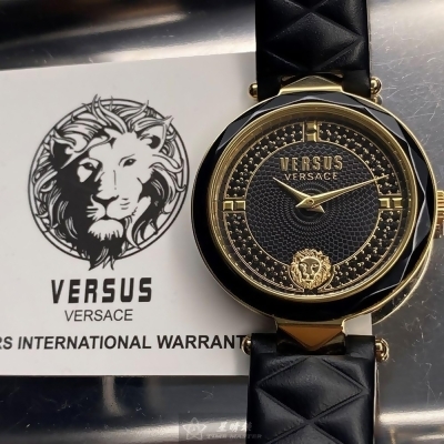 VERSUS VERSACE36mm圓形黑精鋼錶殼黑色錶盤真皮皮革深黑色錶帶款VV00075 
