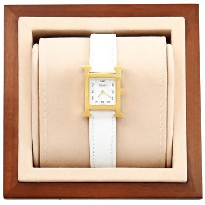 HERMES Heure H 經典H造型牛皮石英腕錶.白/金 21mm 